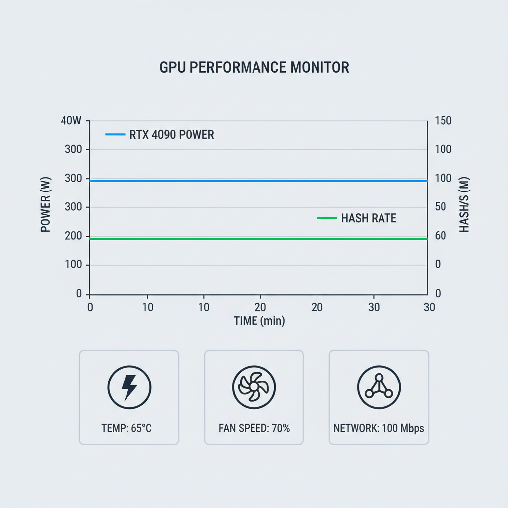 Graph showing RTX 4090 power usage 330W, hash rate line steady, monitoring dashboard style