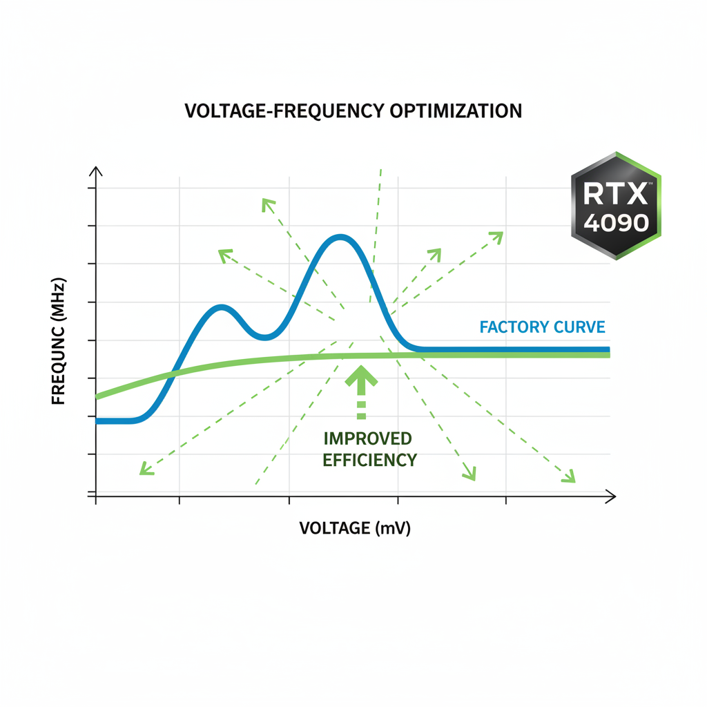 Voltage-frequency curve graph flattened for undervolt, RTX 4090 logo, green efficiency lines