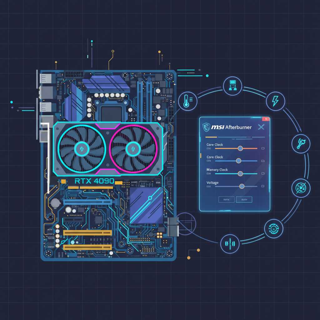 RTX 4090 GPU on motherboard with MSI Afterburner interface open, tools icons floating, cyberpunk tech glow