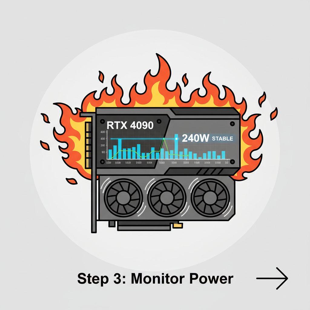 RTX 4090 under stress test, flames and graphs showing stable 240W power, cooling fans spinning