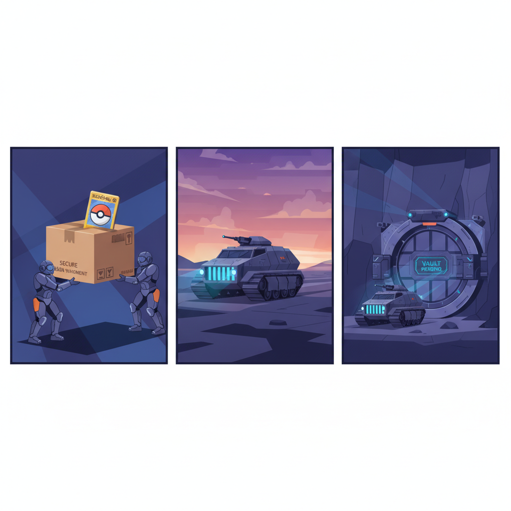 secure shipping box with Pokémon card to high-tech vault, armored transport, dramatic lighting