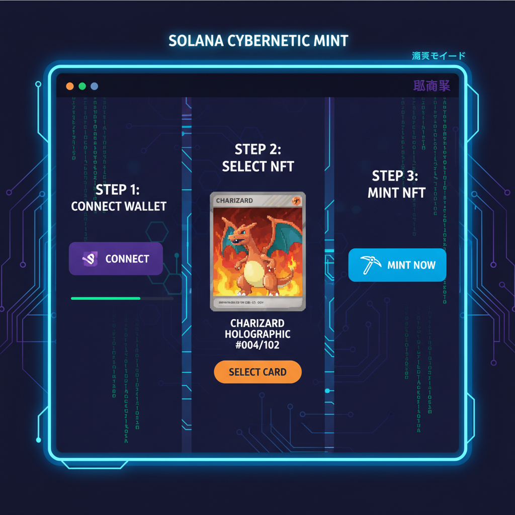 sleek web interface minting Solana NFT of Charizard card, blockchain animation, cyberpunk style