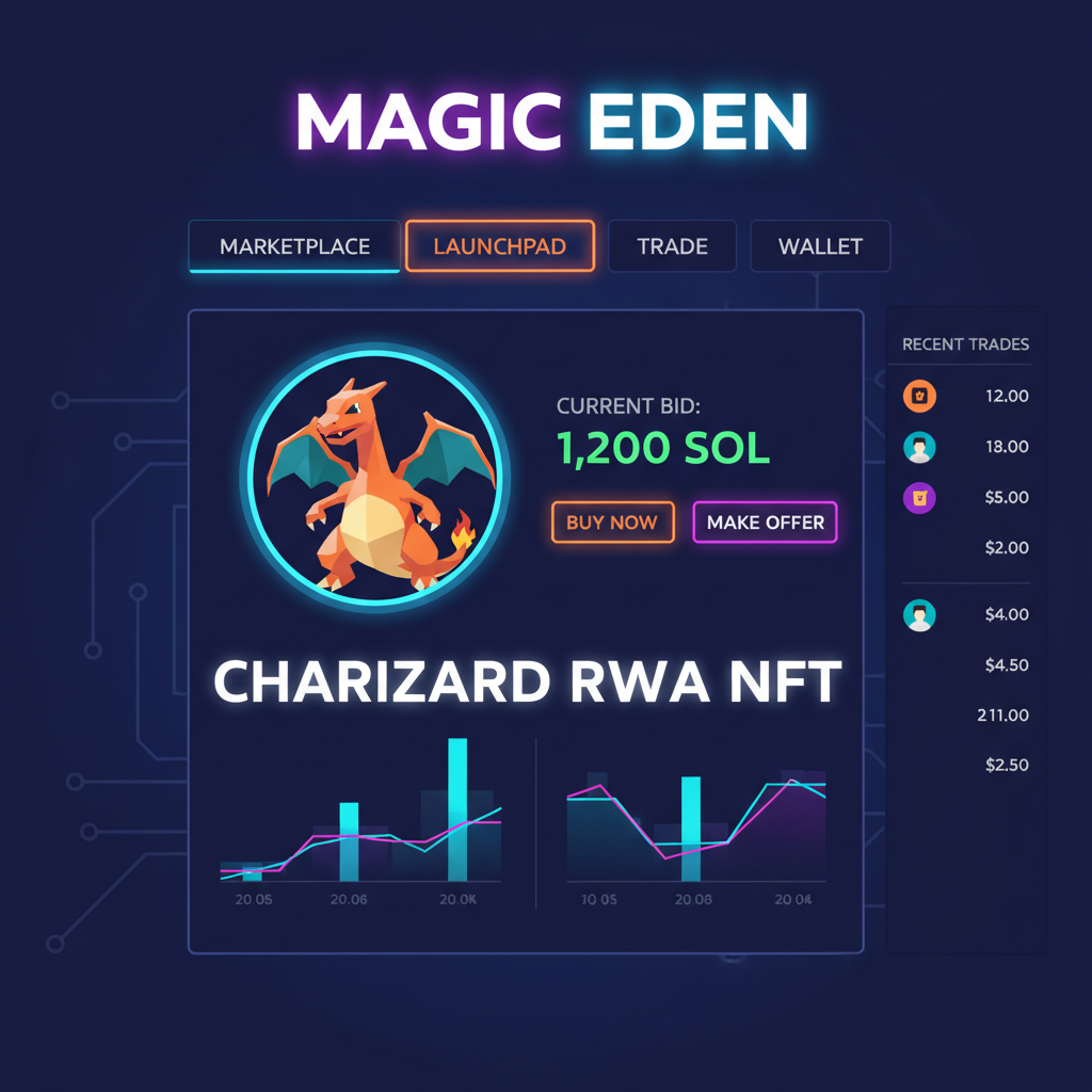 Magic Eden marketplace listing Charizard RWA NFT, vibrant UI, trading charts, neon glow