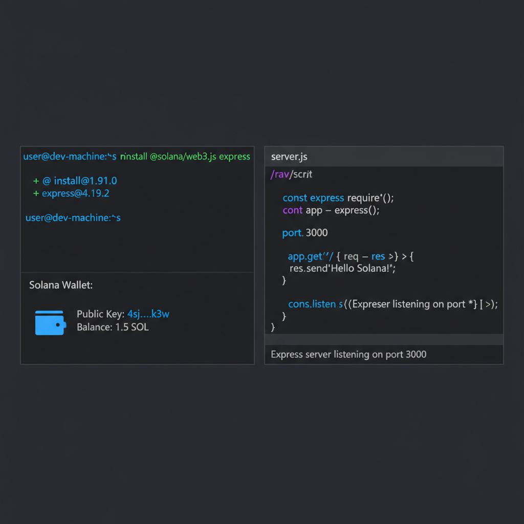 Node.js developer terminal setup with Solana wallet and Express server code on dark theme