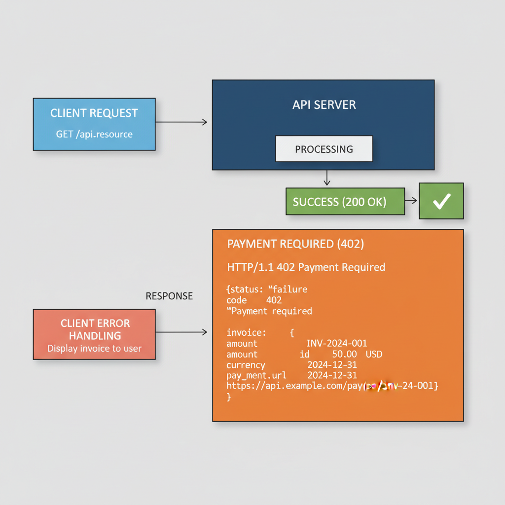 HTTP 402 response diagram with payment invoice JSON headers in API flow