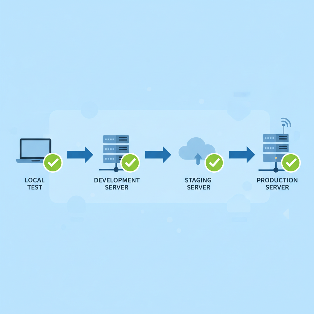 Deployment pipeline from local test to production server with green checkmarks
