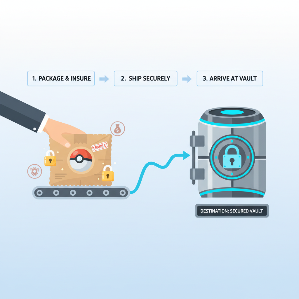 secure package shipping Pokémon card to high-tech vault, locks and insurance icons