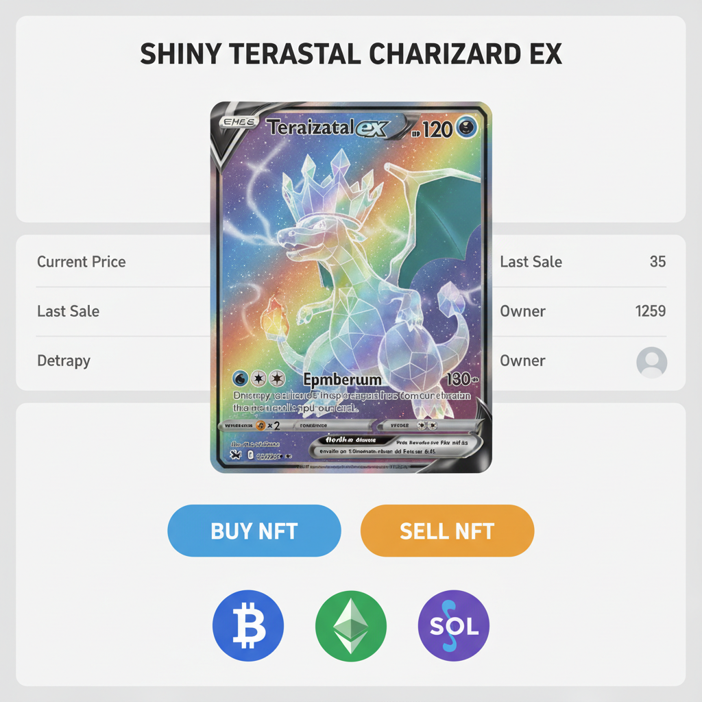 NFT marketplace listing shiny Pokémon Terastal ex card, buy sell buttons, crypto icons