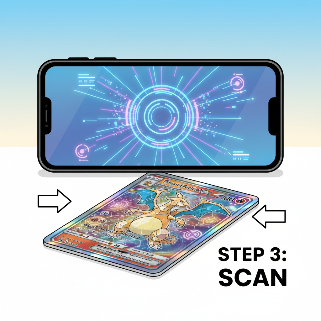 smartphone scanning shiny holographic Pokémon Terastal Festival ex card, tech scan overlay, vibrant colors