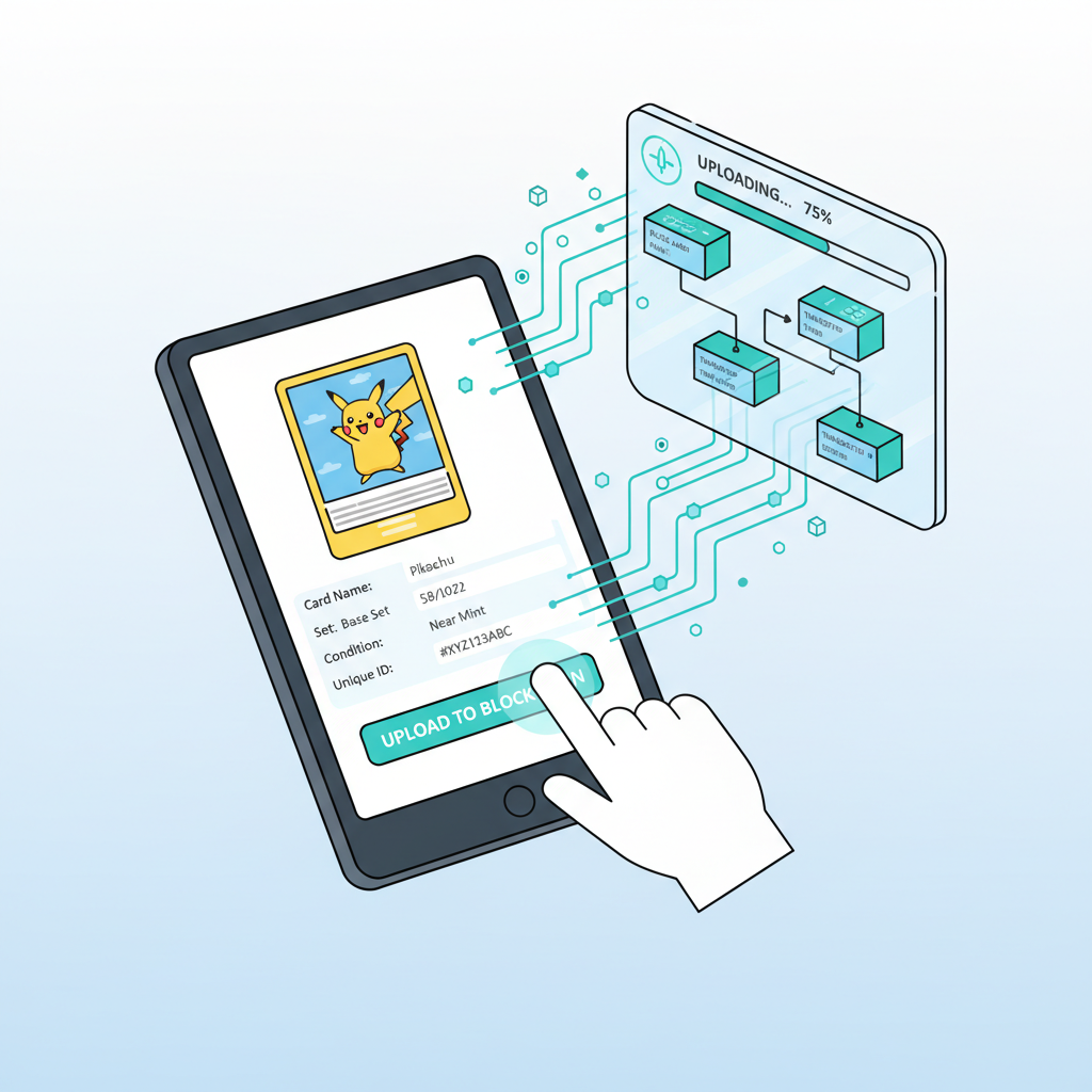 digital form uploading Pokémon card metadata to blockchain dashboard, data streams flowing