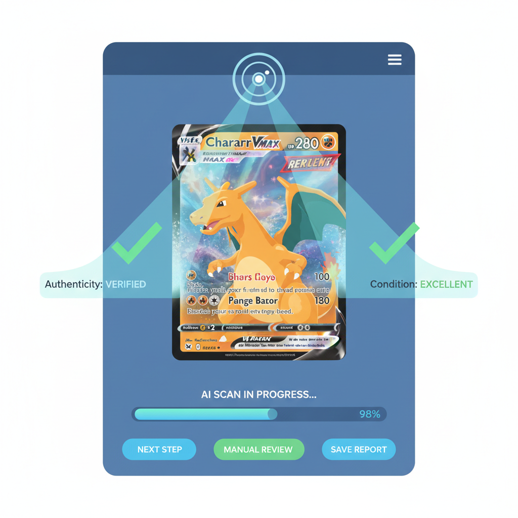 AI interface verifying Pokémon card authenticity, glowing checkmarks, holographic scan beams