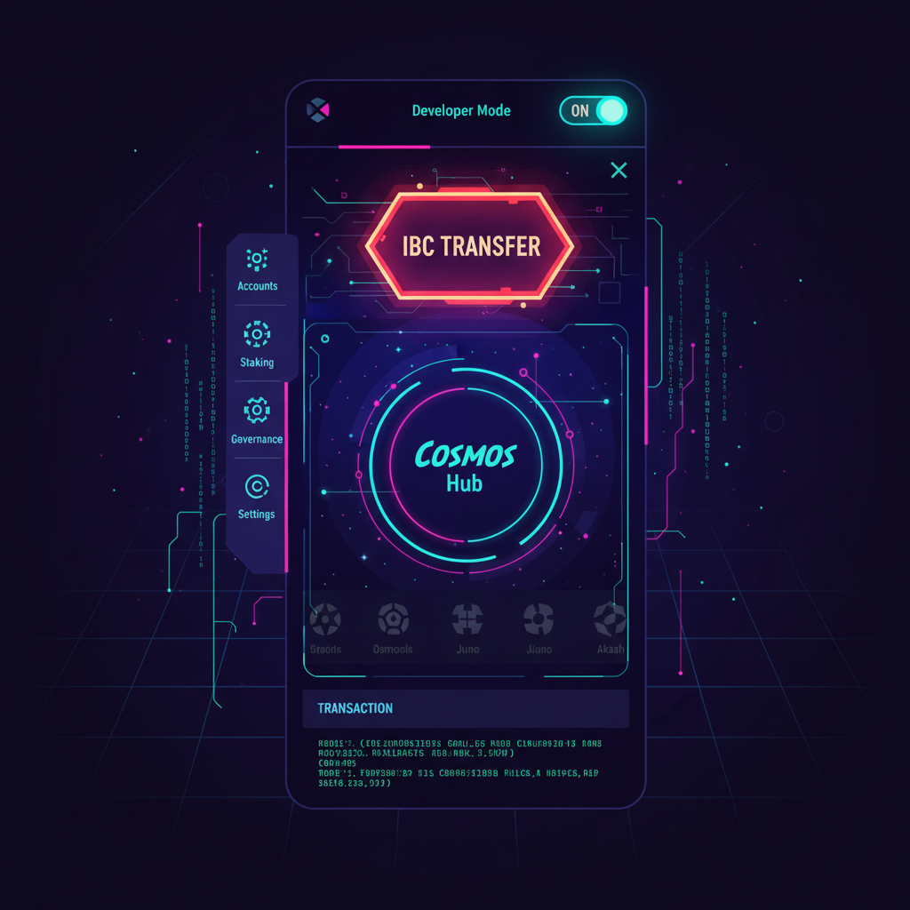 Keplr wallet interface with Developer Mode enabled, IBC Transfer button glowing, Cosmos Hub selected, aggressive futuristic UI, cyberpunk style