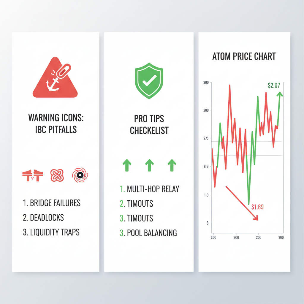 Warning icons for IBC pitfalls, pro tips checklist, ATOM price chart showing $1.89 low to $2.07, aggressive red-green charts
