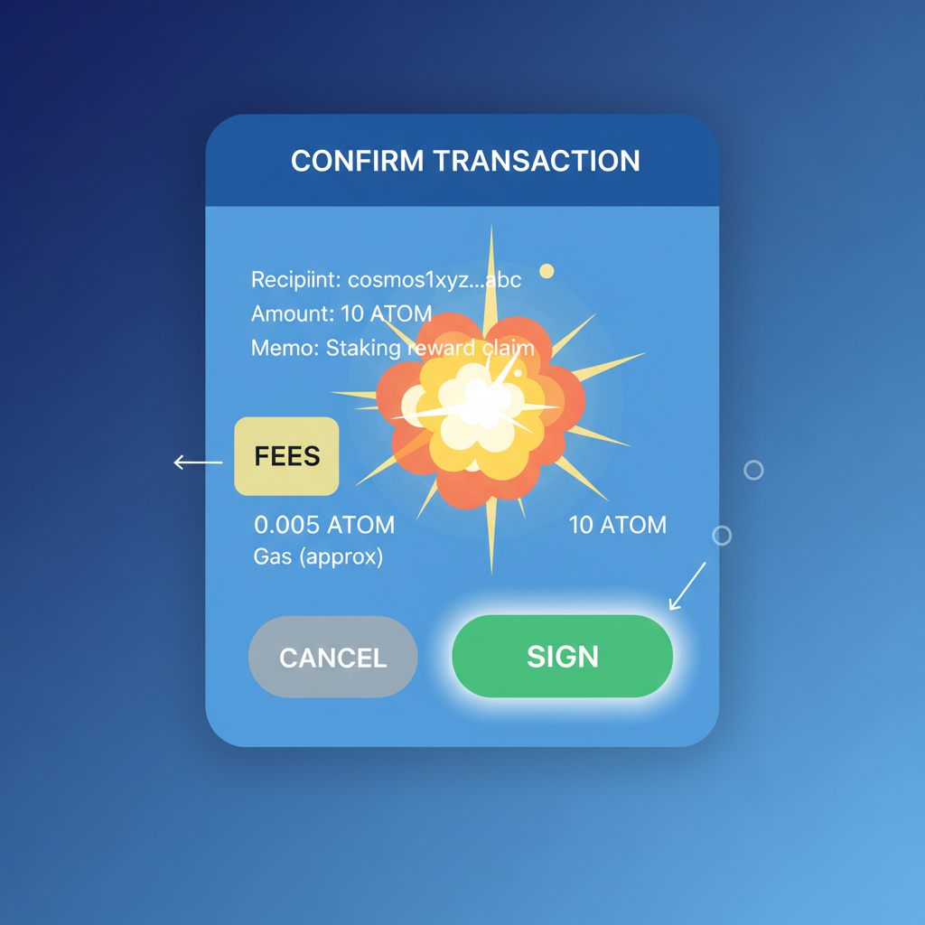 Keplr confirmation screen with fees highlighted, sign button pulsing, transaction details, explosive confirmation animation