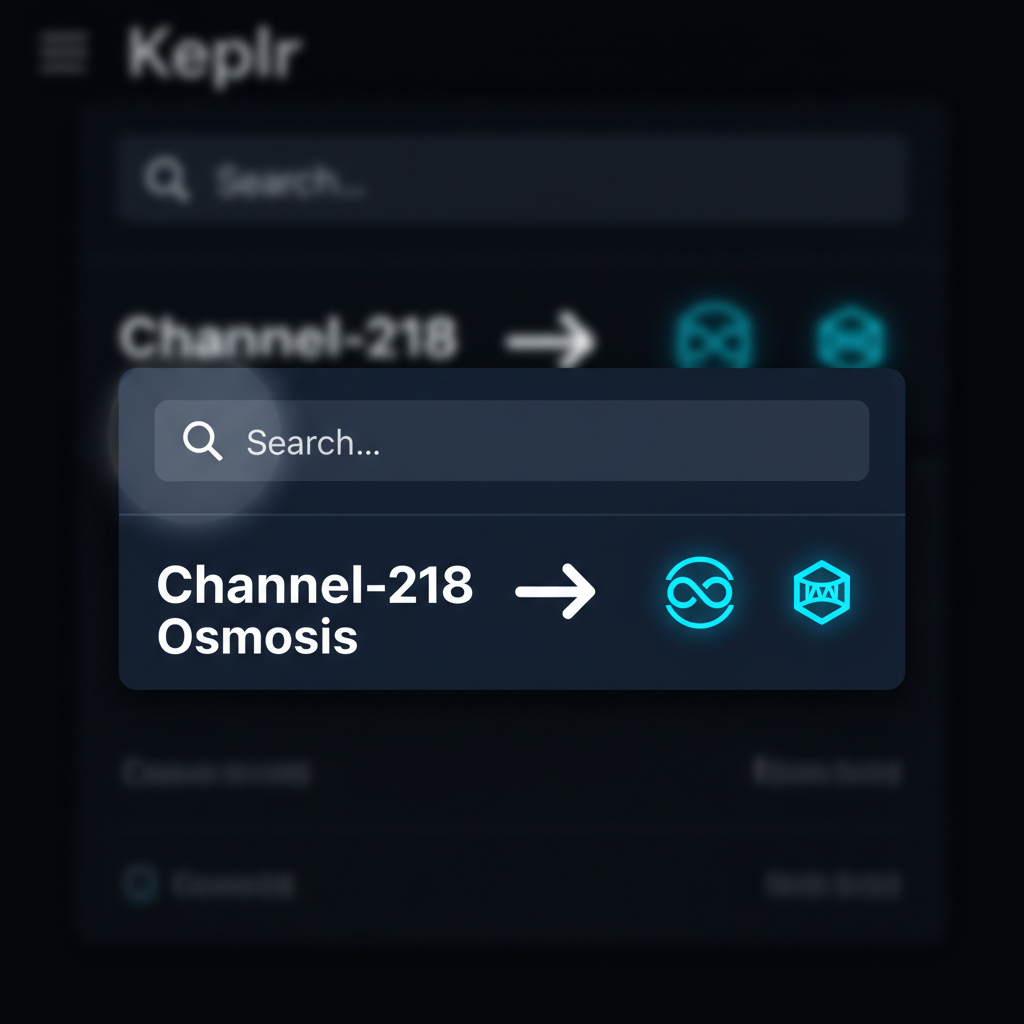 Keplr dropdown menu showing channel-218 to Osmosis, relayer icons active, high-contrast dark mode, intense search spotlight effect