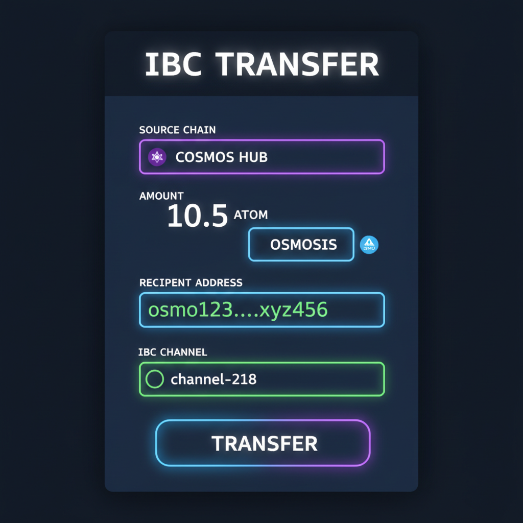 Keplr IBC transfer screen with ATOM amount entered, Osmosis address pasted, channel-218 selected, vibrant neon inputs