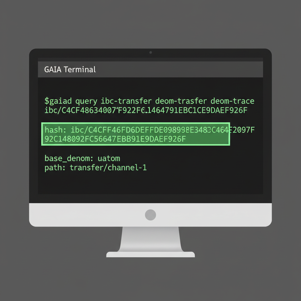 Command line terminal running gaiad query for ATOM denom trace, green output highlighting ibc hash, hacker terminal aesthetic