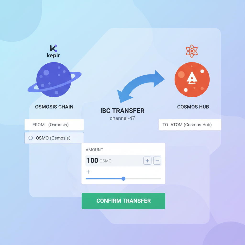 Keplr on Osmosis chain, IBC transfer to Cosmos Hub channel-47, OSMO amount input, dynamic dual-chain graphic