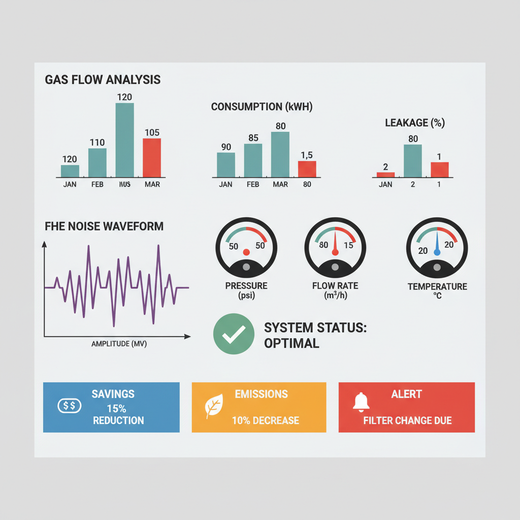 gas audit charts and FHE noise waveform graph, meter gauges, performance dashboard