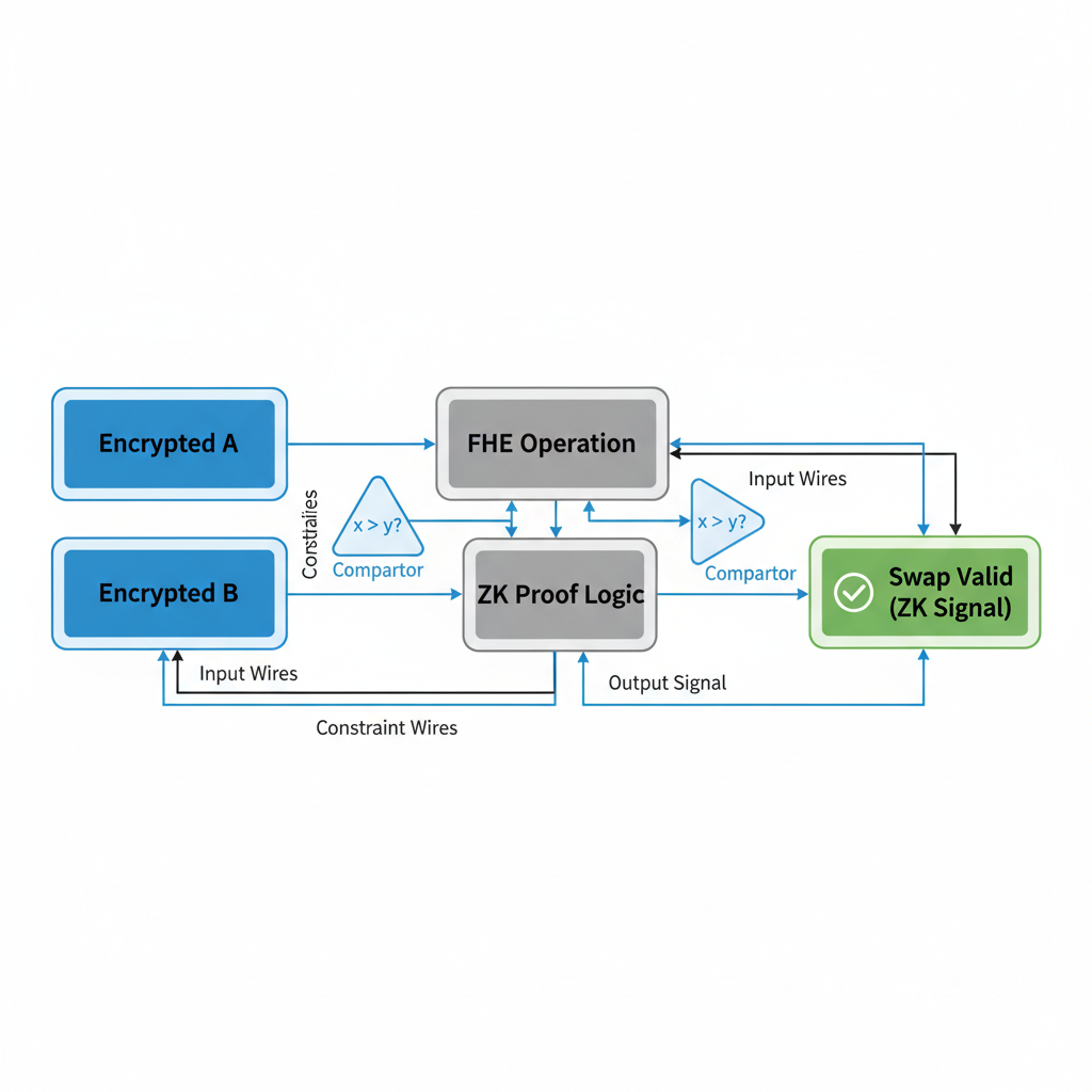 compiling Circom ZK circuit for FHE swap, circuit diagram with gates, terminal output