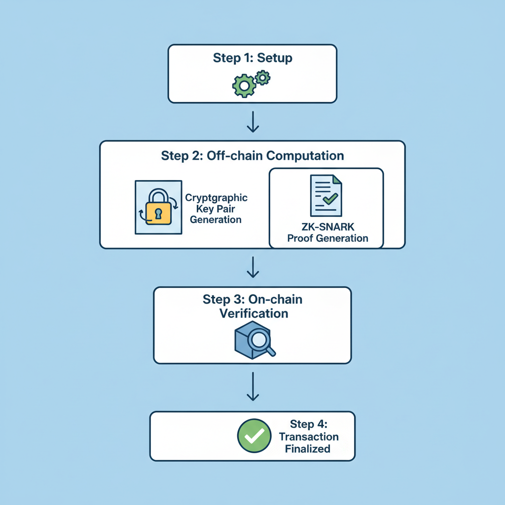 generating ZK-SNARK keys and proof off-chain, cryptographic key pair and proof icon, flowchart