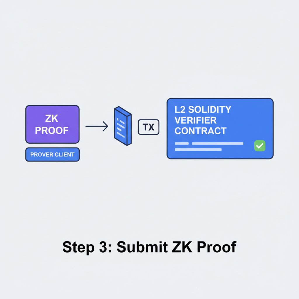 submitting ZK proof to L2 Solidity verifier contract, blockchain tx arrow to smart contract