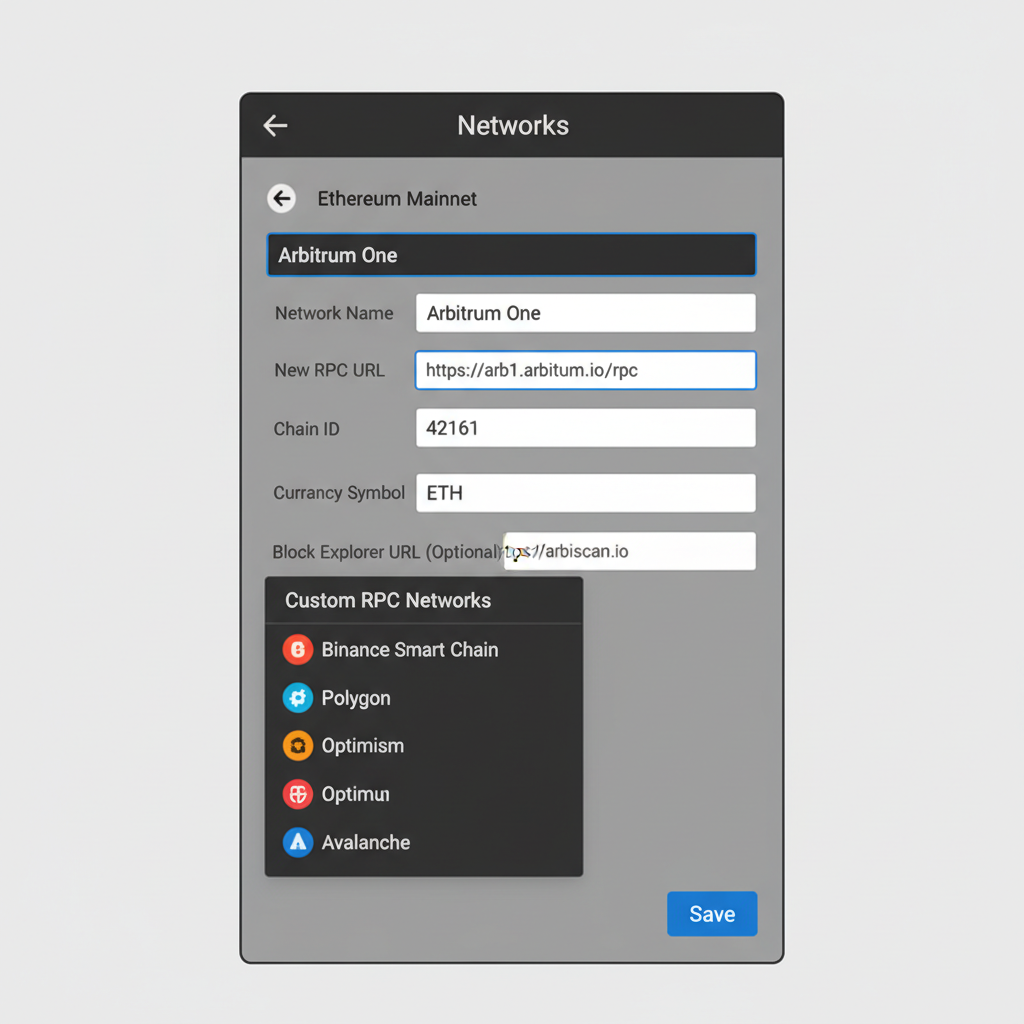 MetaMask network settings screen with Arbitrum One details filled in, dropdown menu open