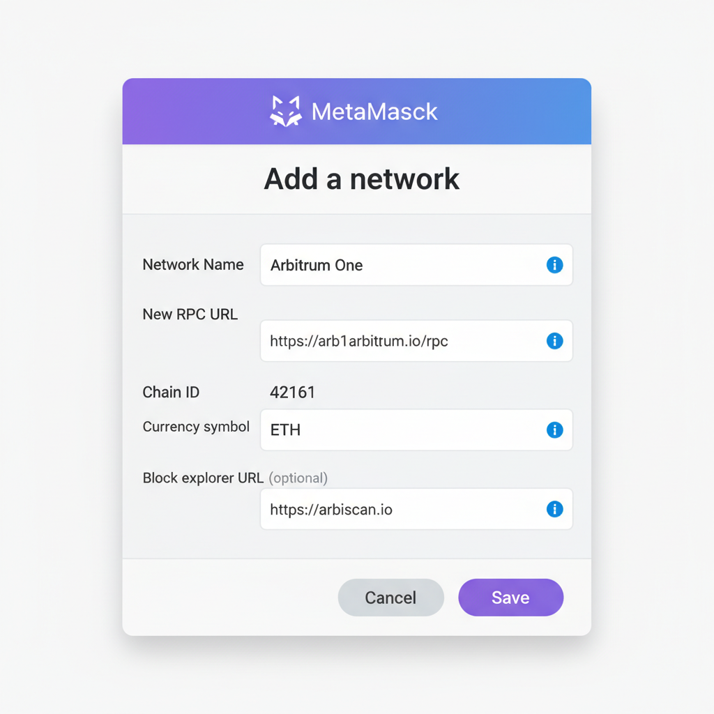 MetaMask popup adding custom network Arbitrum One, RPC details visible, simple interface