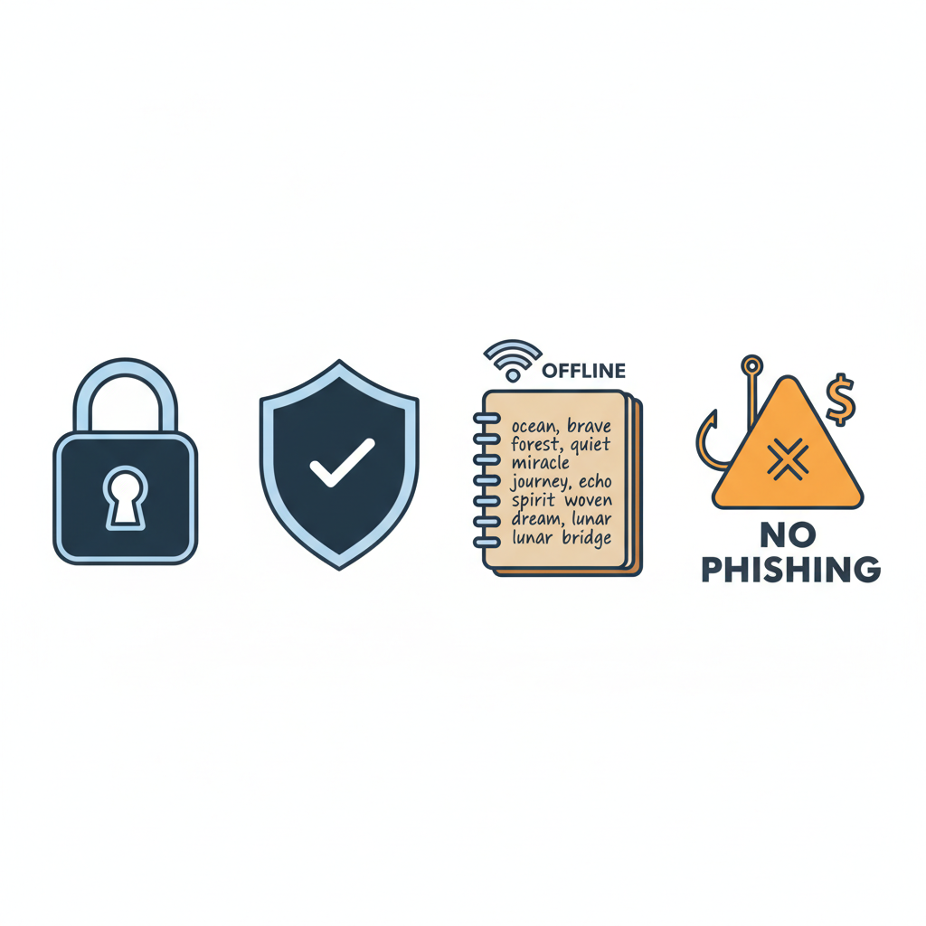 Secure wallet setup icons: lock, shield, offline seed phrase notebook, no phishing warning