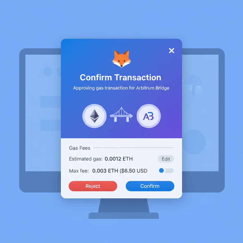 MetaMask popup approving gas transaction for Arbitrum bridge, gas fee details