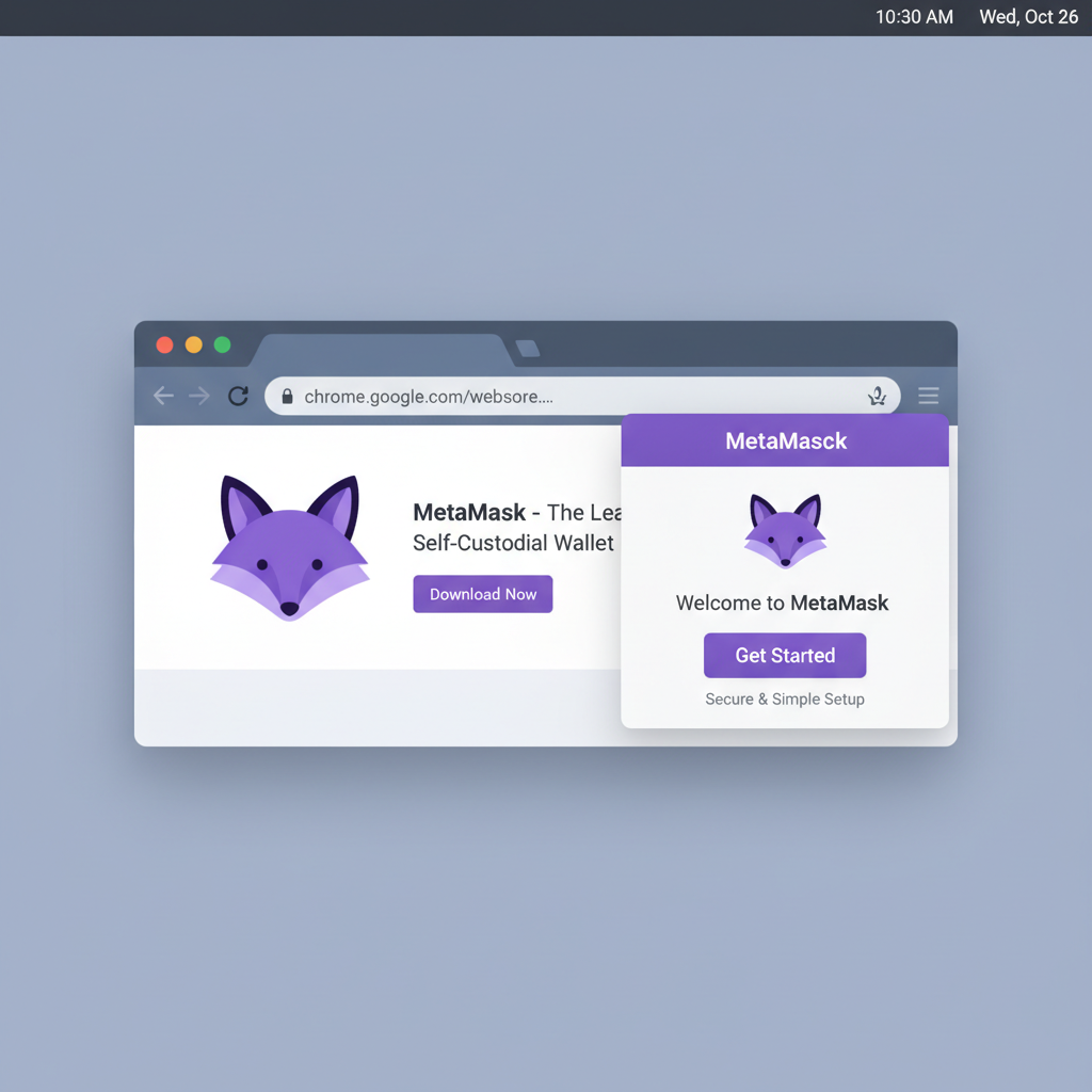 Clean screenshot of MetaMask installation from official site, browser extension popup, secure setup screen