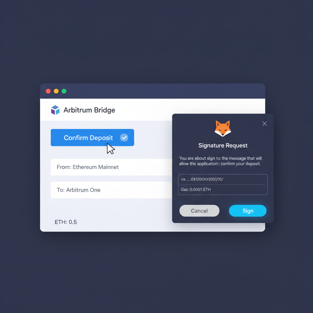 Arbitrum bridge confirm deposit button, MetaMask signature prompt
