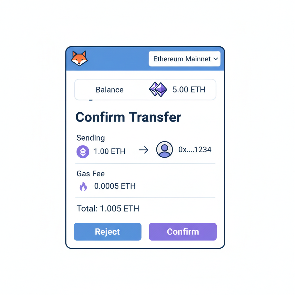 MetaMask Ethereum mainnet balance with ETH icons, transfer confirmation screen