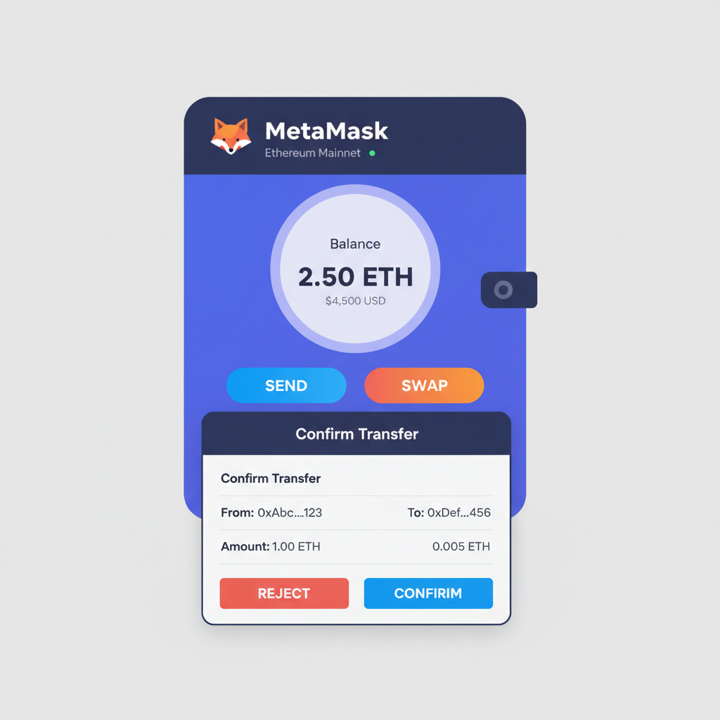 MetaMask wallet on Ethereum network showing ETH balance, transfer confirmation UI