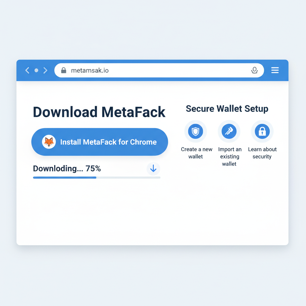 clean browser screenshot downloading MetaMask from official site, secure wallet setup interface, professional blue tones