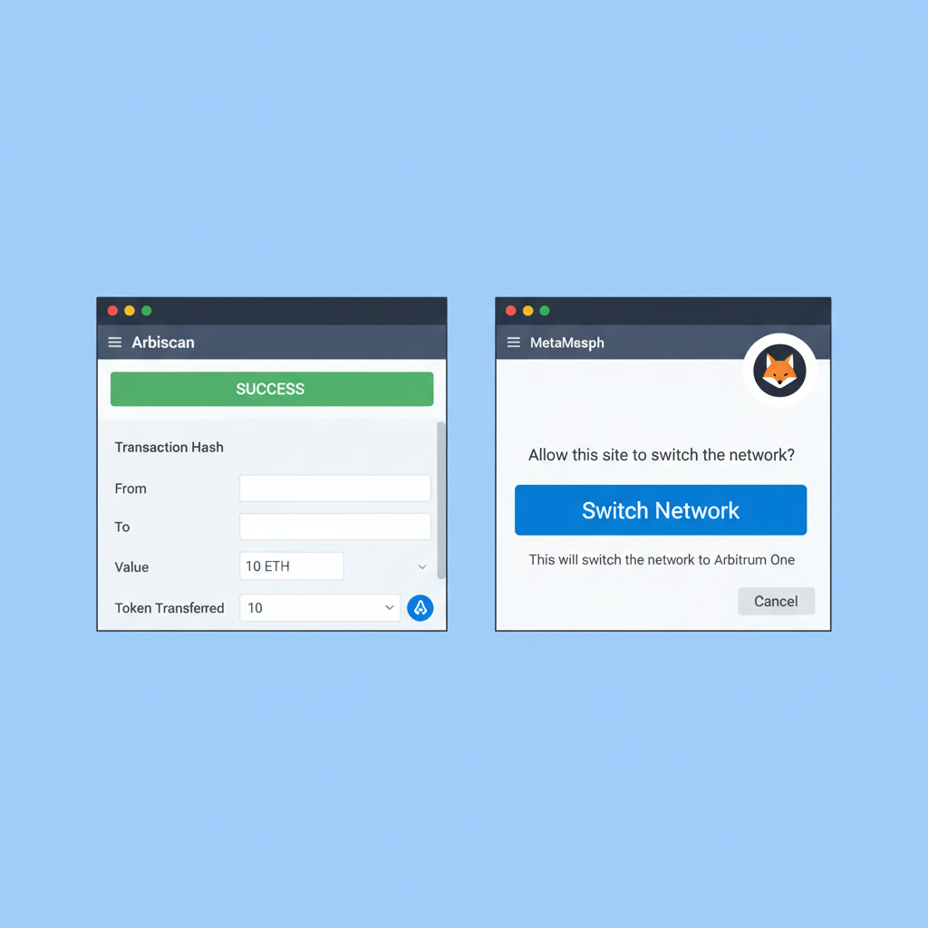 Arbiscan transaction explorer page with successful Arbitrum deposit, network switch in MetaMask