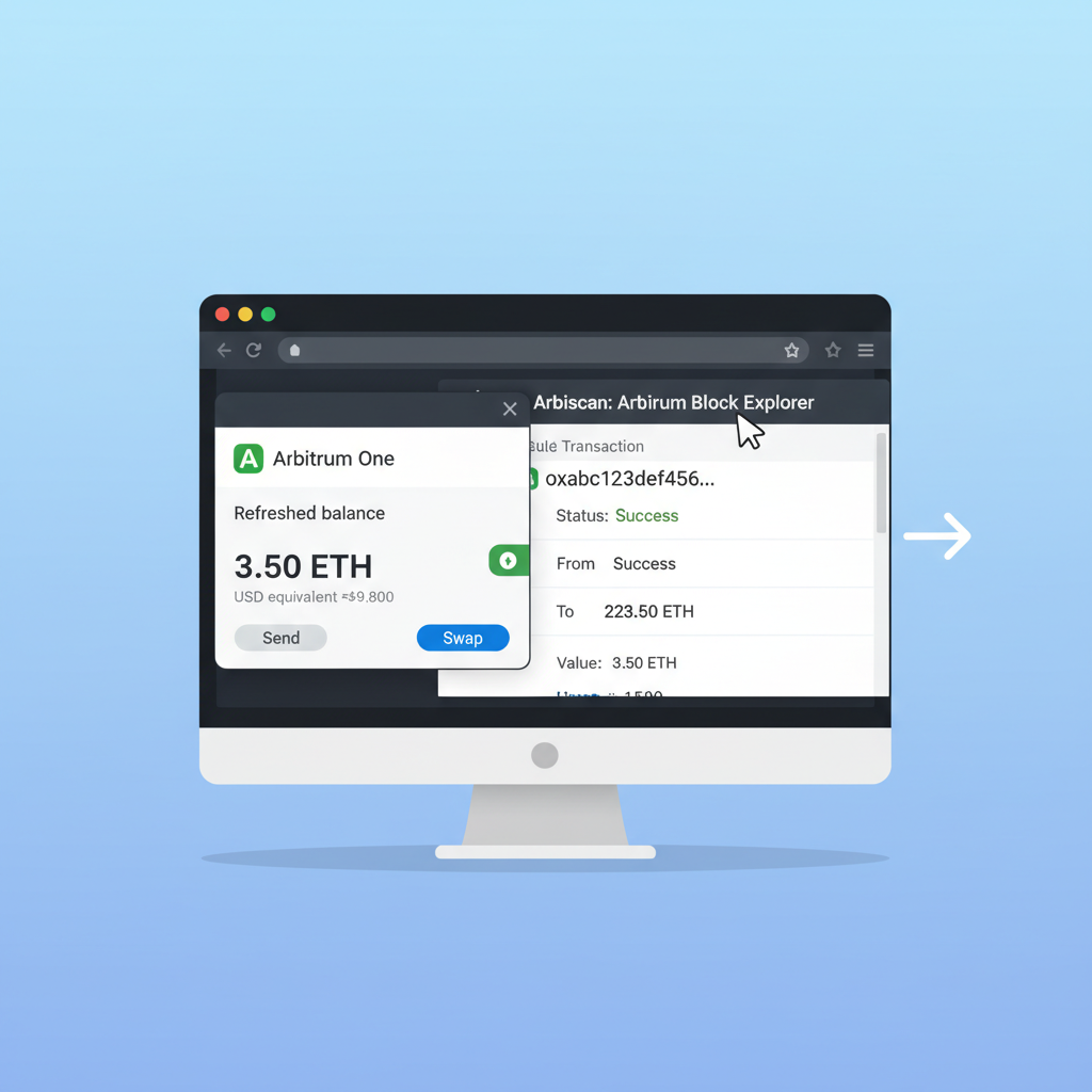 MetaMask on Arbitrum network showing new ETH balance, Arbiscan explorer tab open