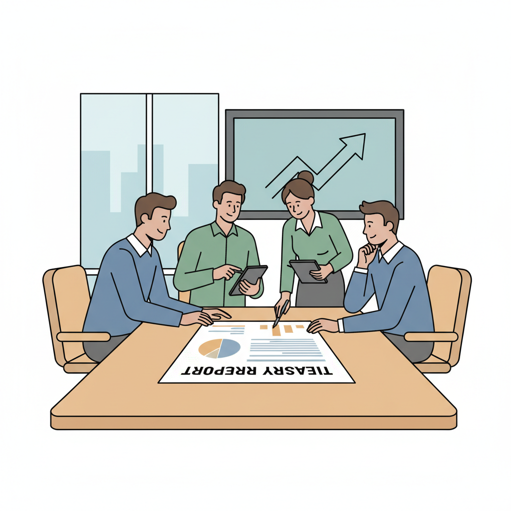 team reviewing treasury report in boardroom