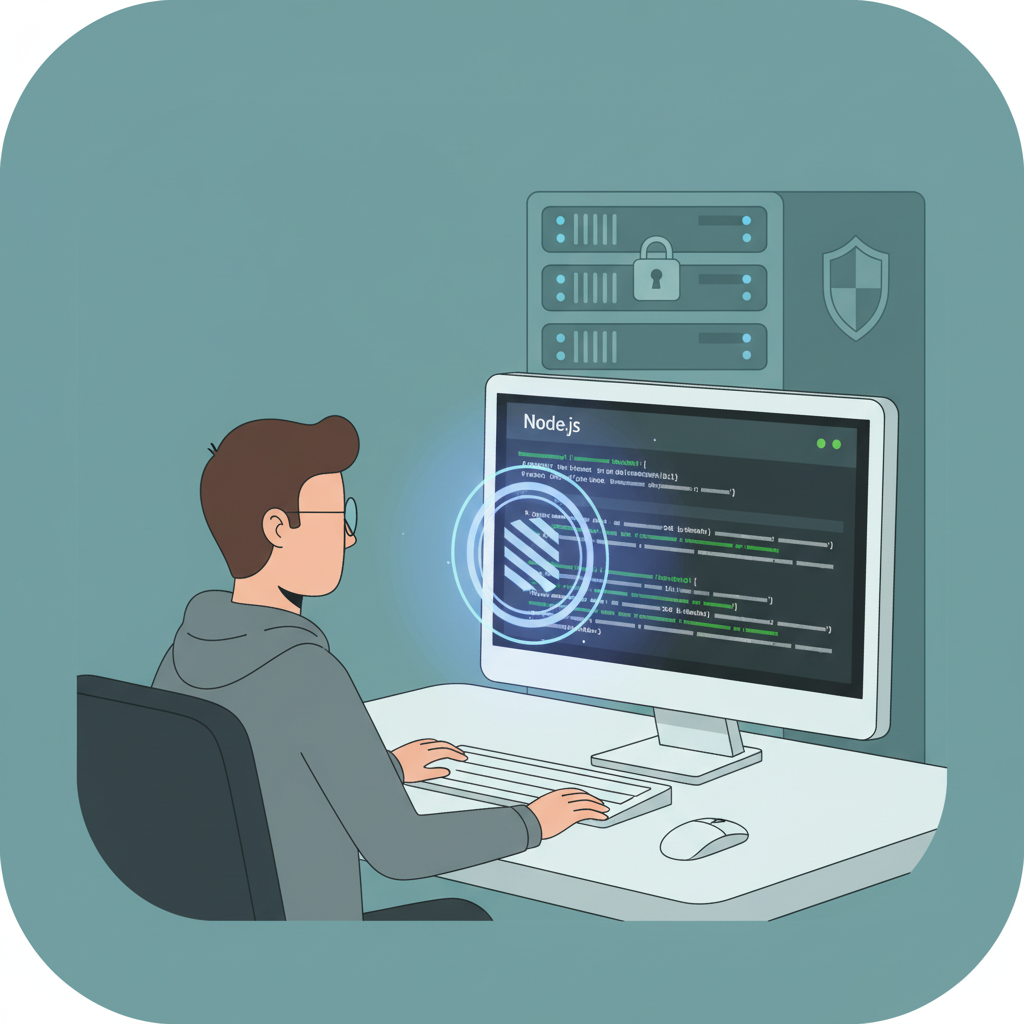 developer at desk checking Node.js terminal, Solana logo holographic, secure setup vibe