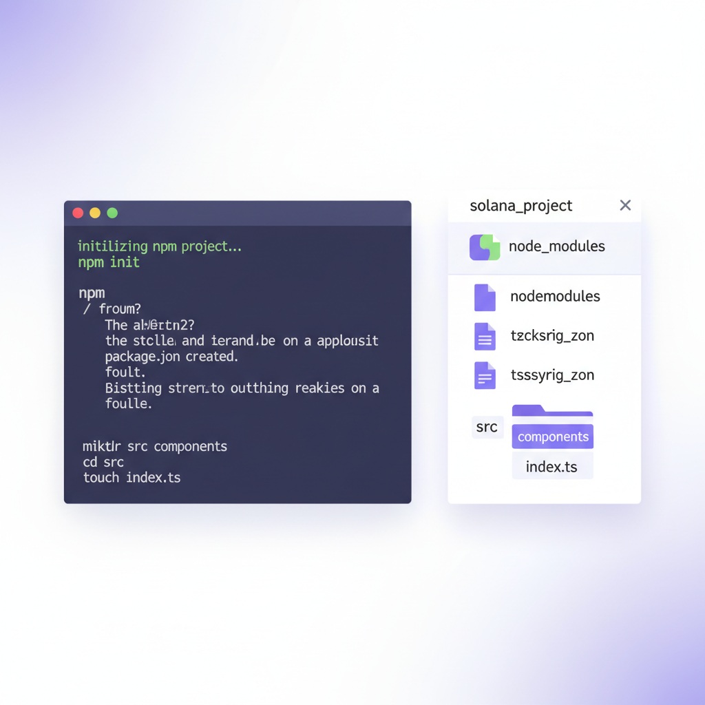 command line terminal initializing npm project, clean code folder structure, Solana theme