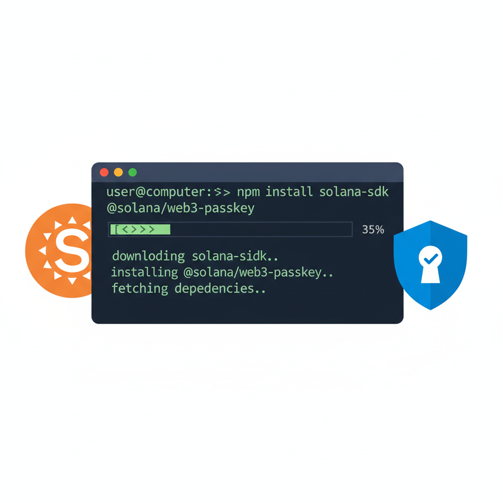 npm install command in terminal, packages downloading, Solana and passkey icons
