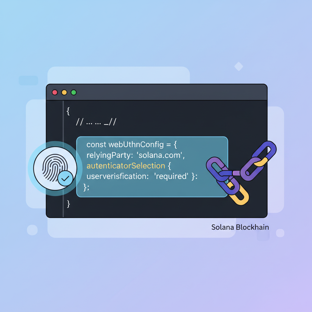 code editor with WebAuthn config code, fingerprint biometric icon, Solana chain links