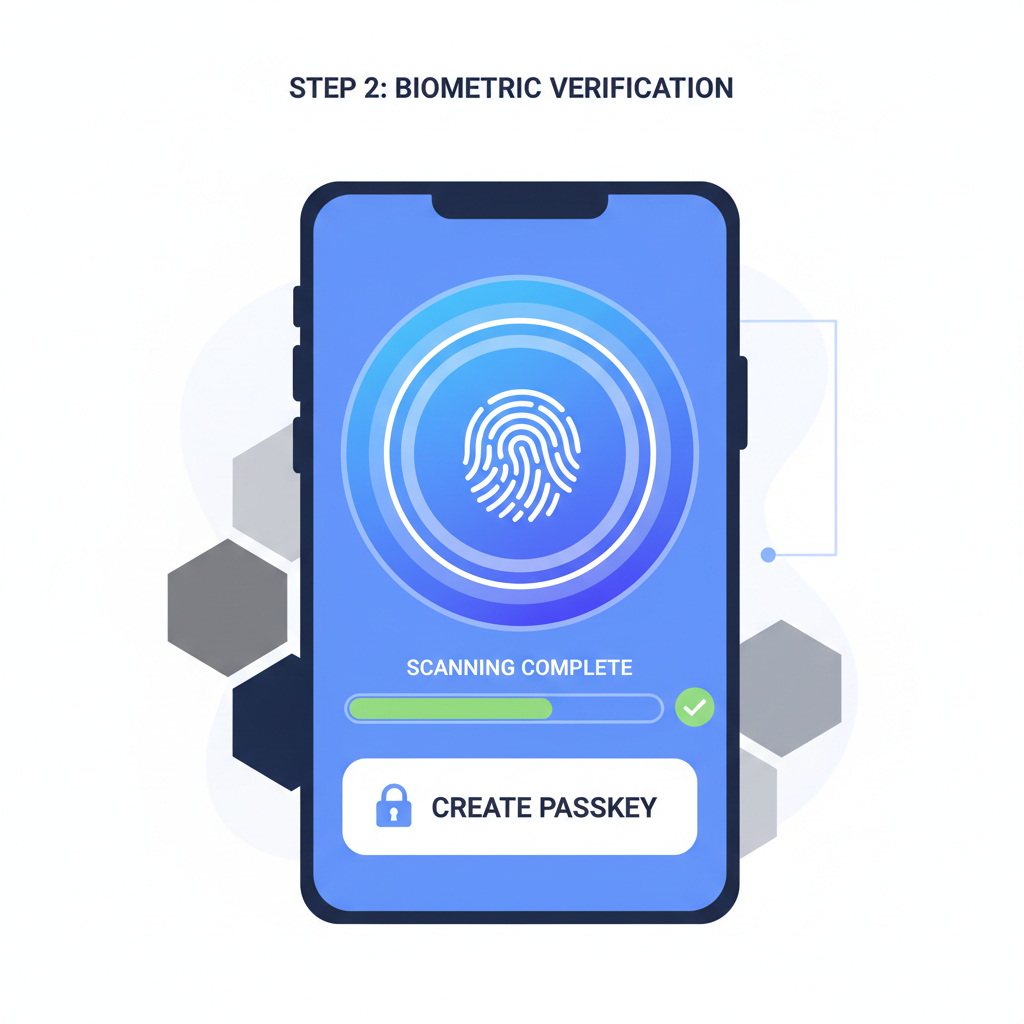 phone screen biometric fingerprint scan, passkey creation animation, secure vault