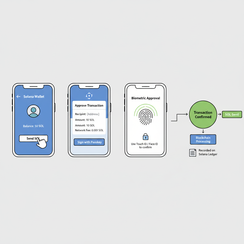 Solana wallet interface with passkey signing, biometric approval, transaction flow diagram