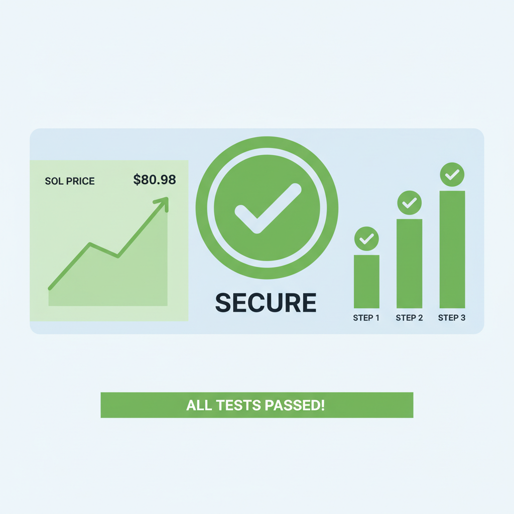 testing dashboard success screen, charts with SOL price $80.98, green checkmarks secure