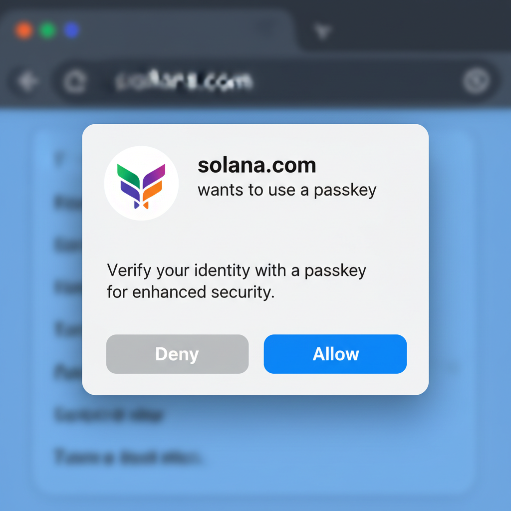 Chrome browser permission prompt for WebAuthn passkey, Solana logo, allow/deny buttons, detailed view