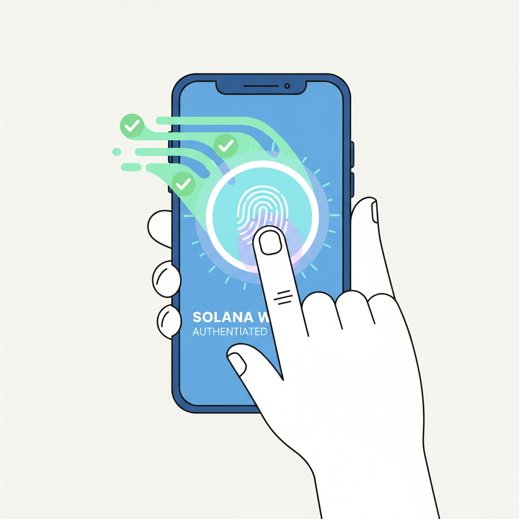 user authenticating with fingerprint on phone for Solana wallet, glowing sensor, success animation