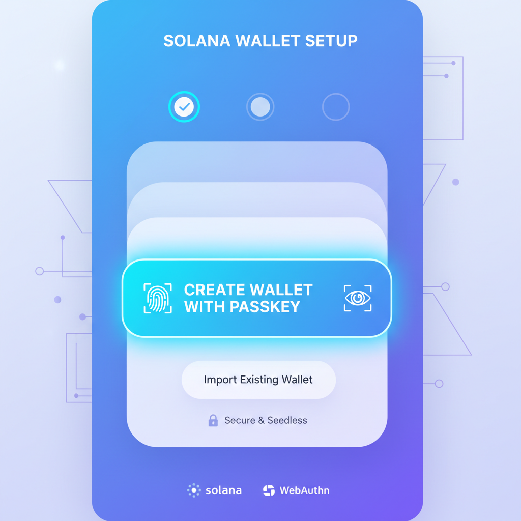 Solana dApp interface with 'Create Wallet with Passkey' button highlighted, futuristic design, biometric icons