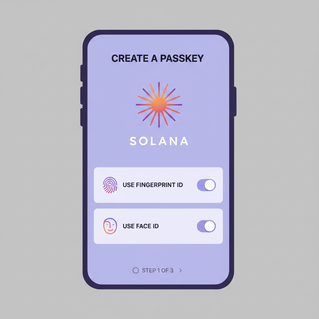 smartphone biometric selection screen for passkey, fingerprint and face ID options, Solana branding