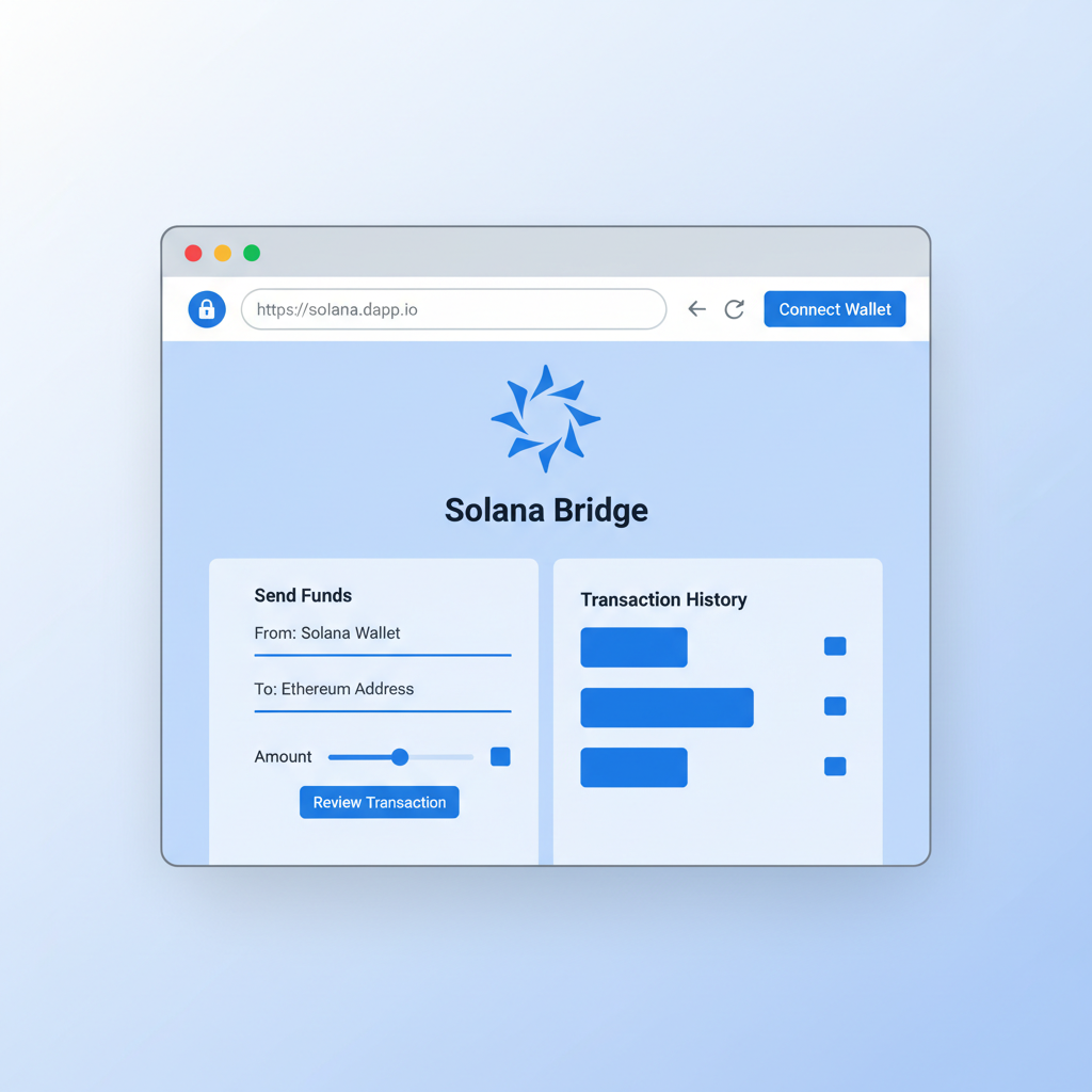 modern browser window open to Solana dApp homepage with wallet button, clean UI, security lock icon, blue tones
